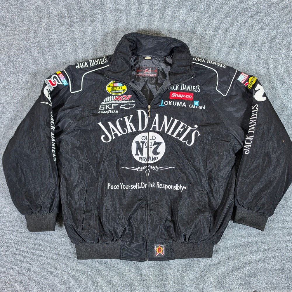 Jeff Hamilton x Jack Daniels Graphic Zip Up Racing Jacket Black Mens 2XL Y2K